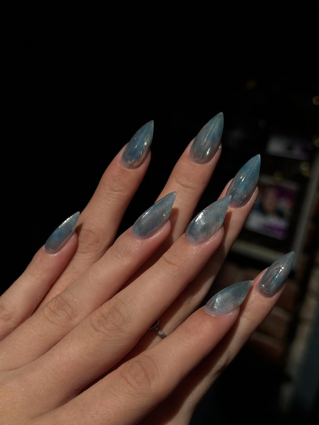 smoky blue gray pointed shimmer nails