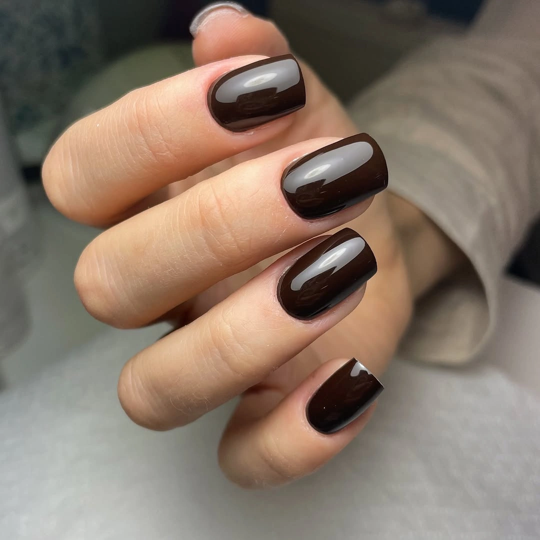 short square nails with glossy dark brown polish