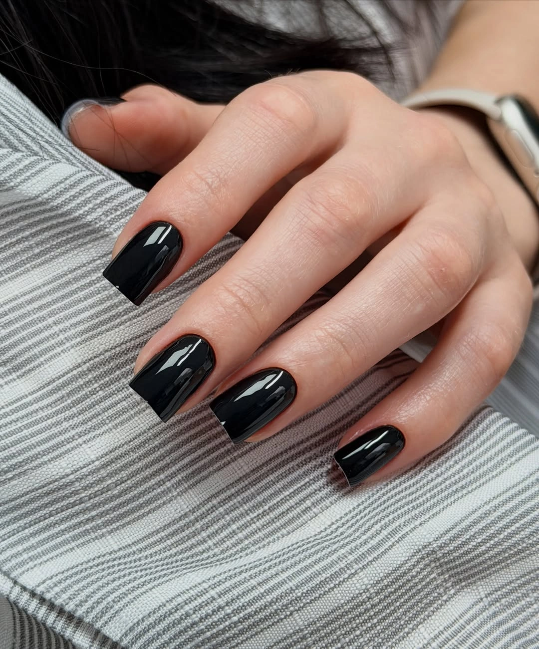 medium square nails with glossy black polish