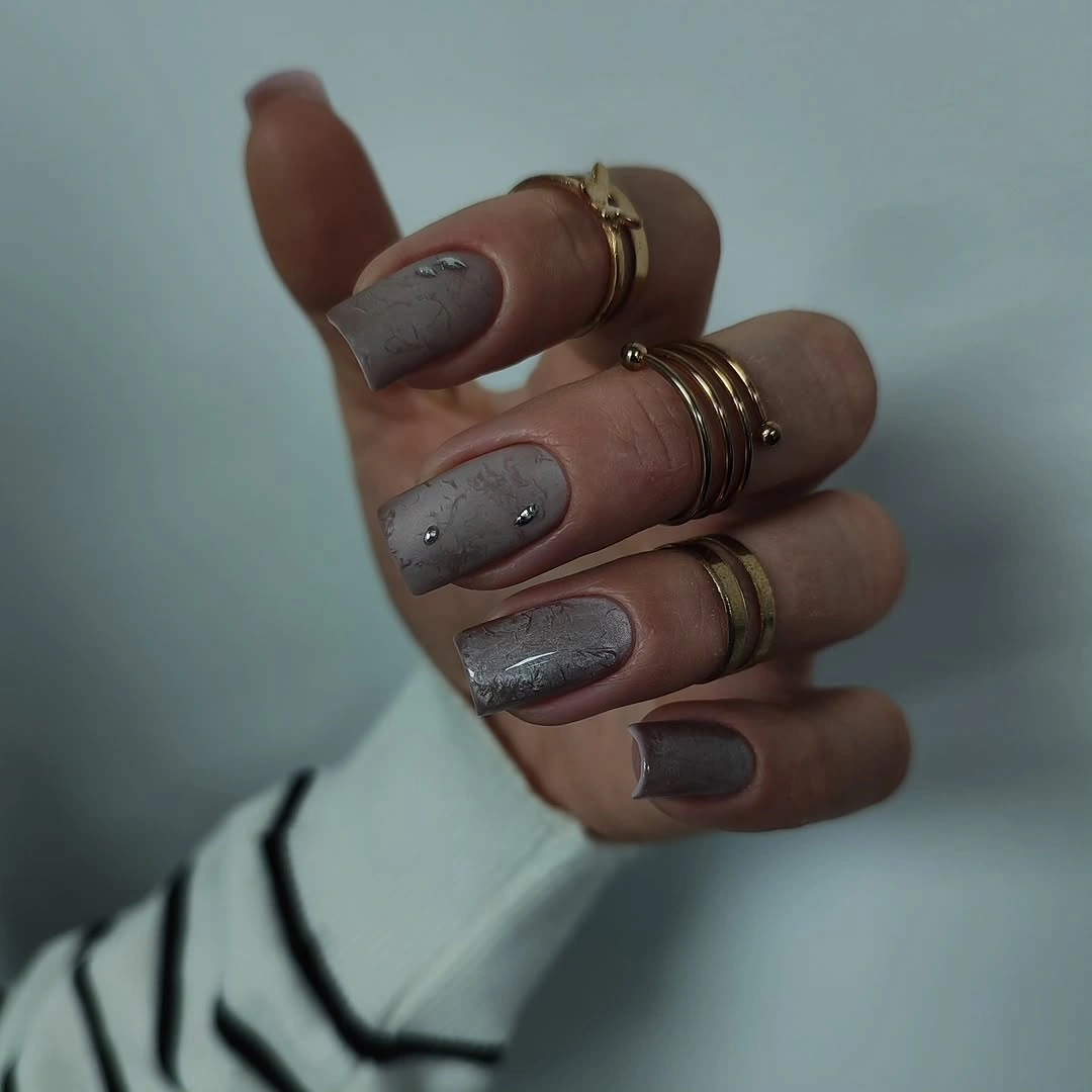 taupe gray square nails with marble texture