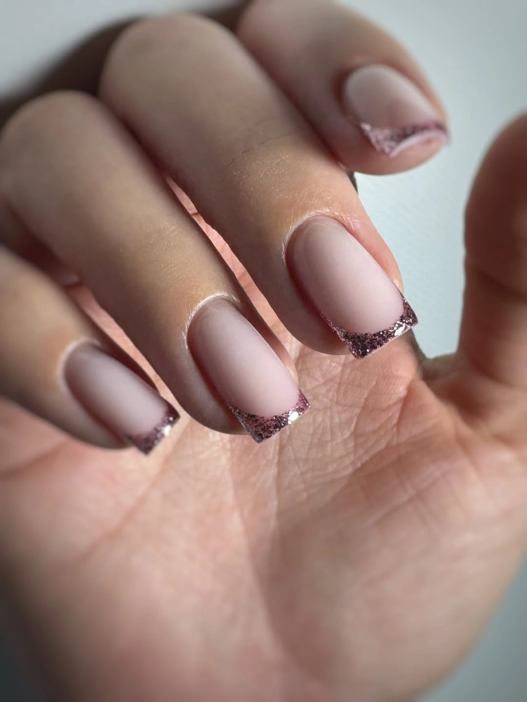 Medium almond nails with pale nude bases and thin dark mauve French tips