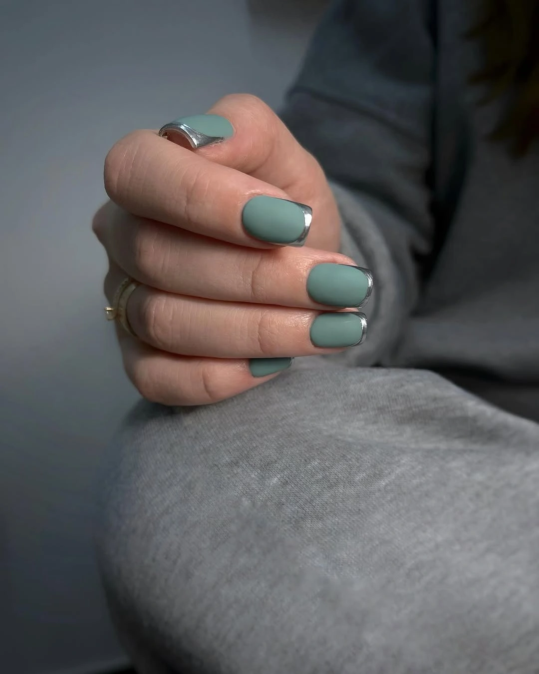 Sage square nails with silver tips