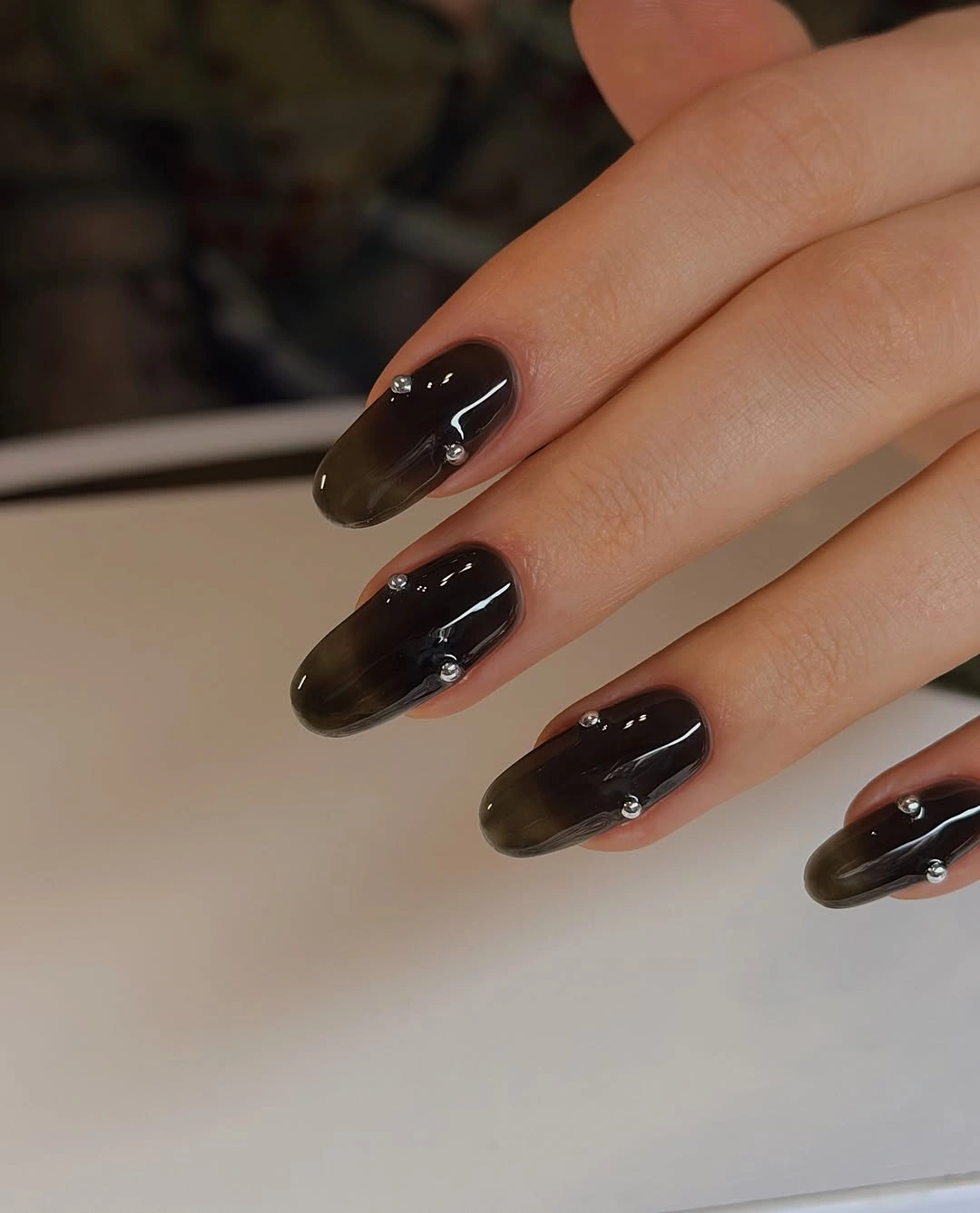 Smoky jelly oval nails with silver accents