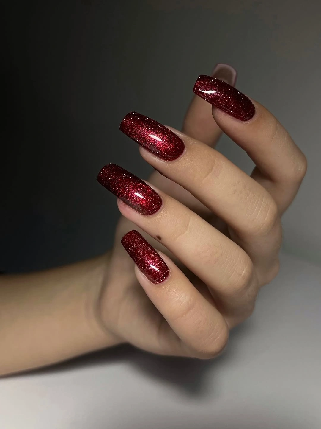 Long deep red glitter coffin nails