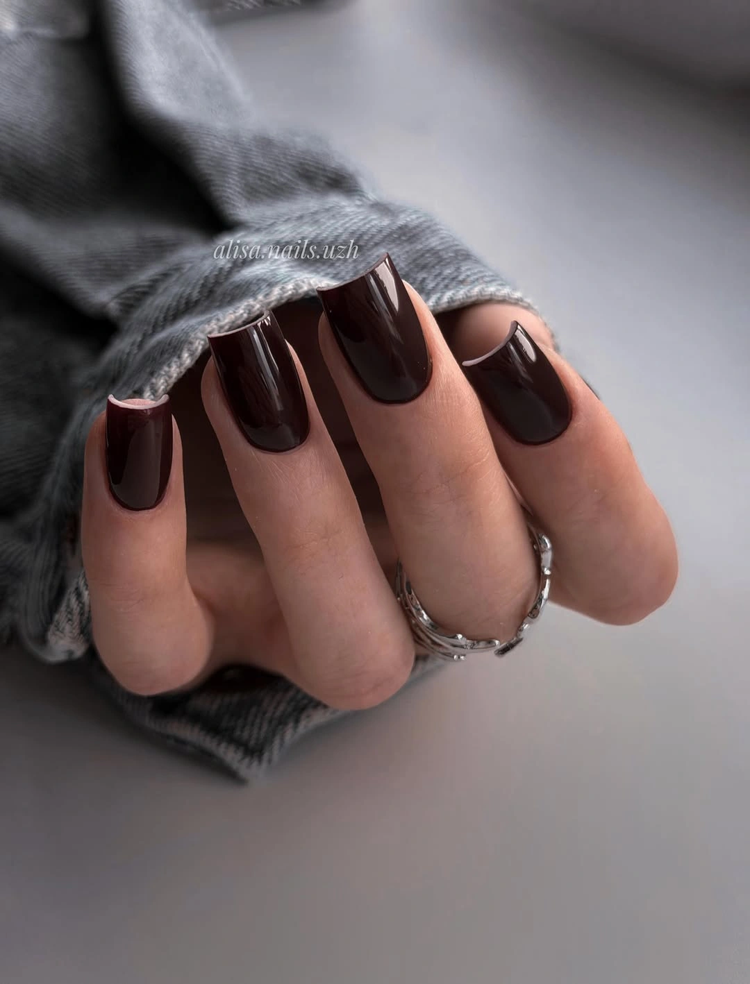 Long coffin nails in glossy dark chocolate brown