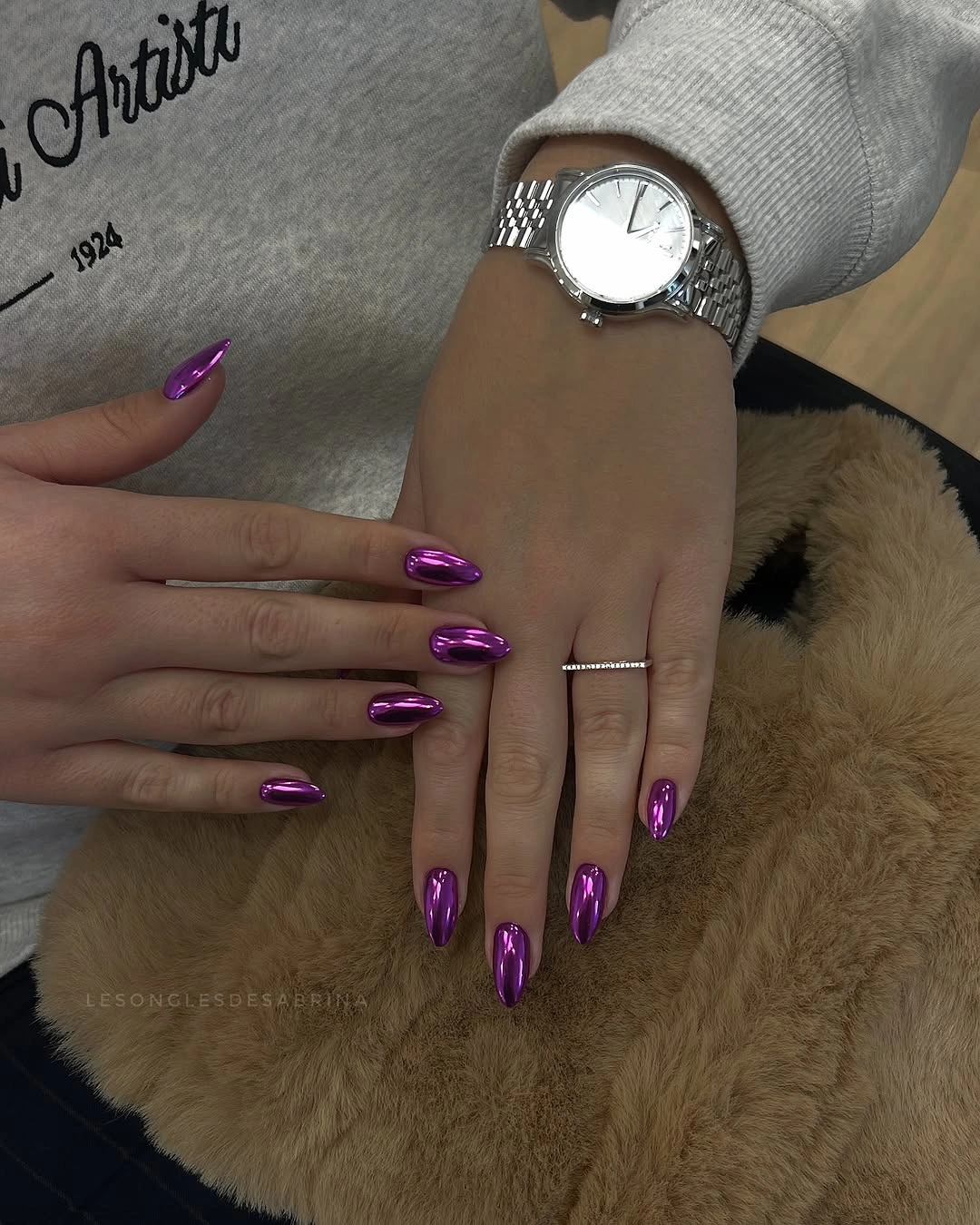 Long almond nails in reflective purple magenta finish