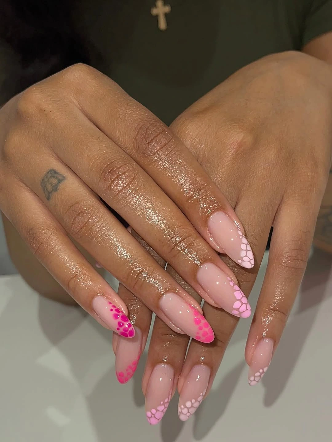 Almond nails with pink dotted tip clusters