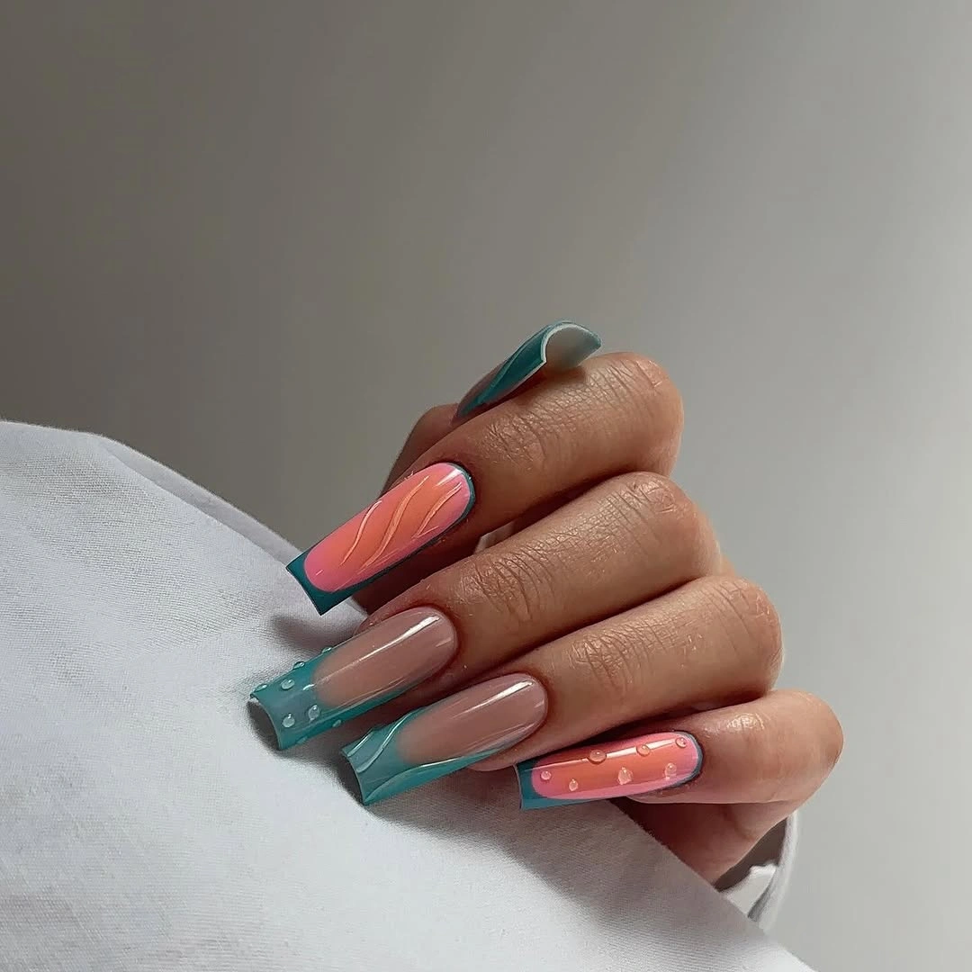 Compact square nails with coral turquoise and pale nude accents