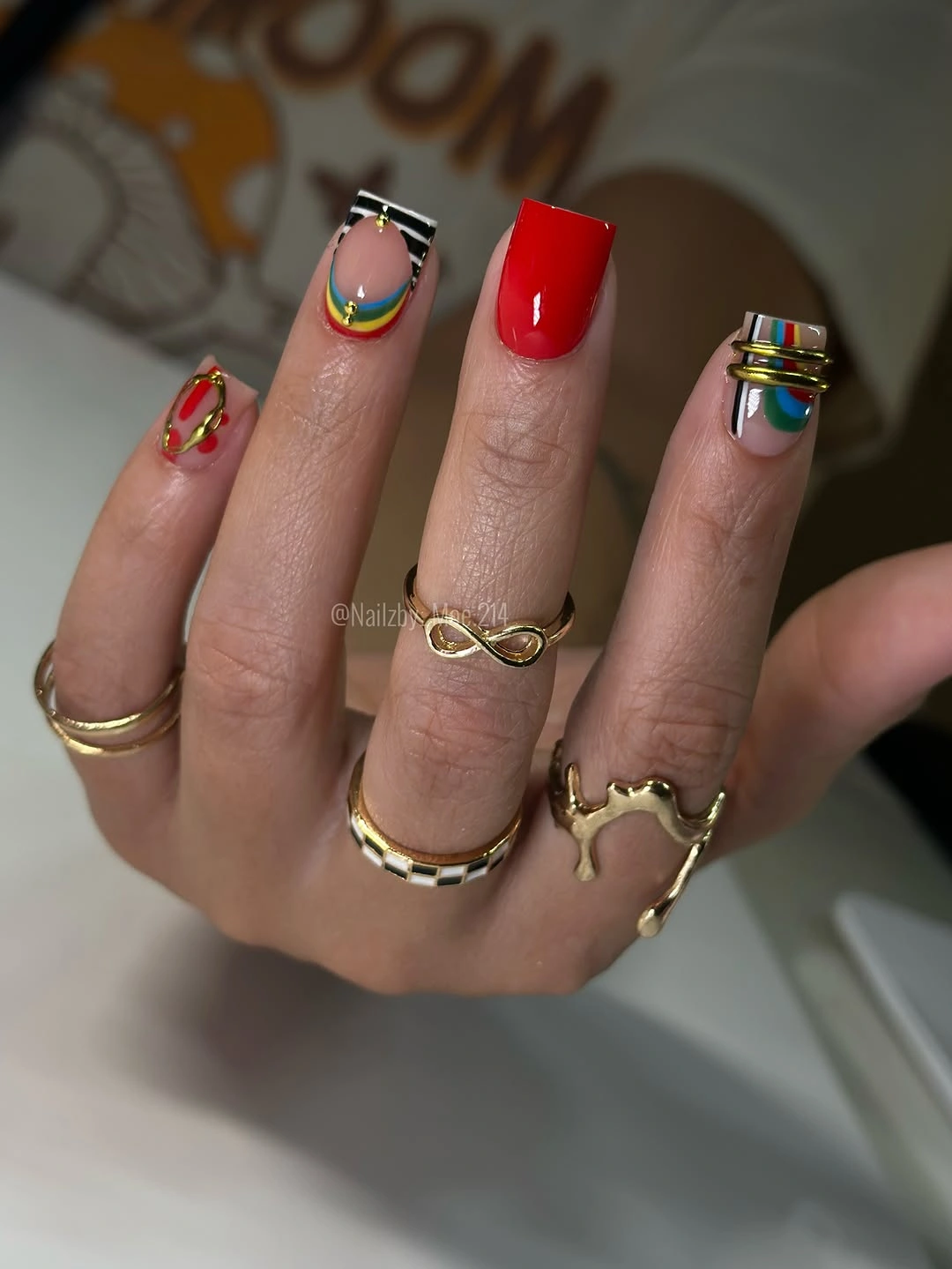 Medium square nails with playful primary color accents