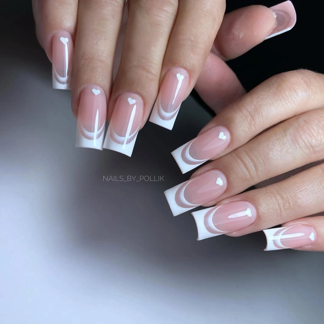 Long square milky pink nails with crisp white French edges