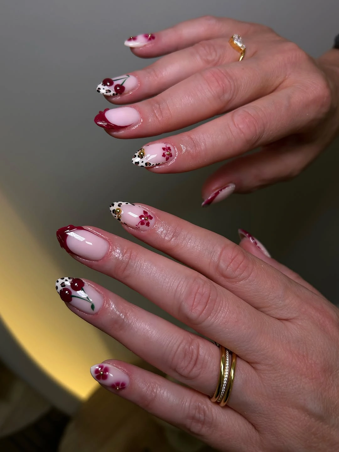 Cherry floral red French almond nails