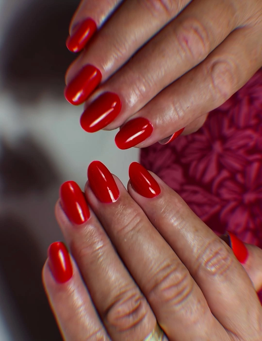Simple short oval glossy red nails