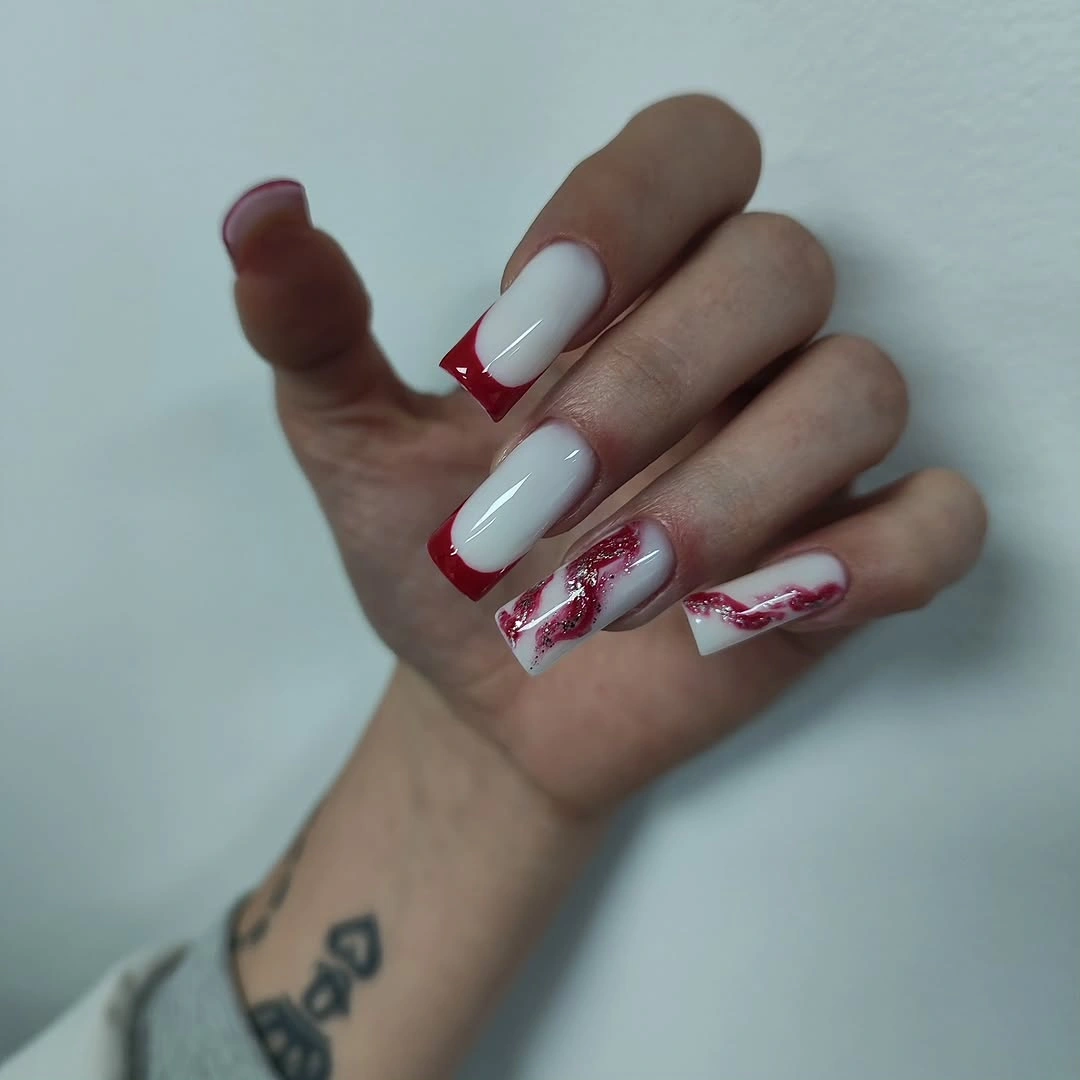 Red square French tips with white accents