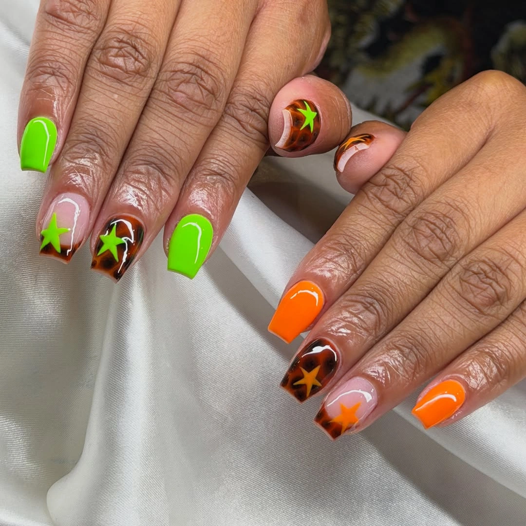 Lime orange and brown short square nails with bold accents