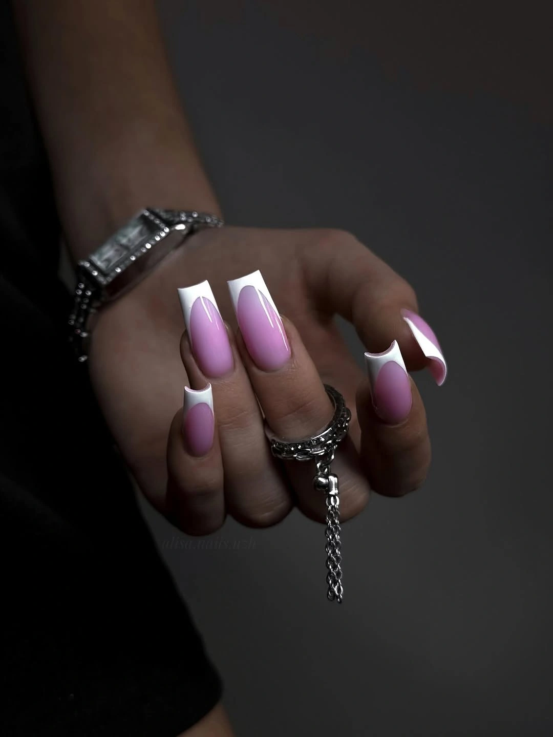 Medium lavender square nails with soft white edge panels