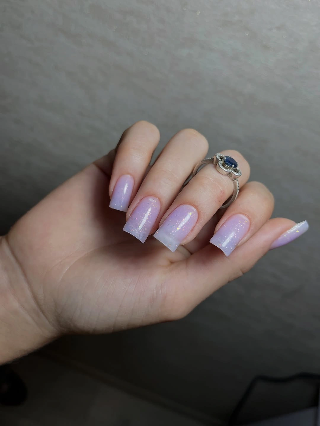 Medium square pale lavender nails with pearly shimmer