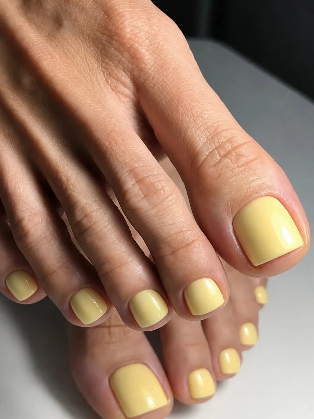 Glossy pastel yellow short square toenails on both feet