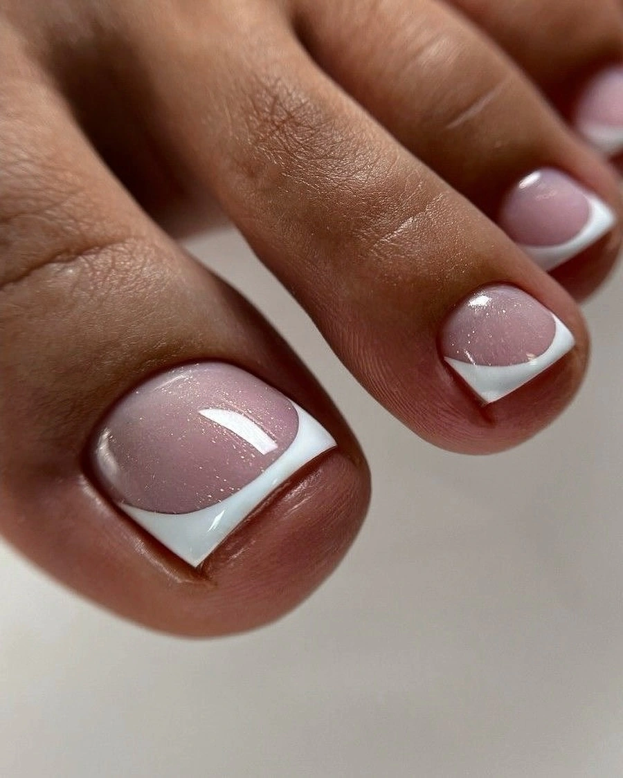 Pale pink shimmer short square toes with white curved tips