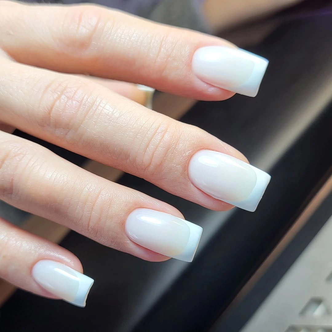 Long square milky ombre nails with glossy finish