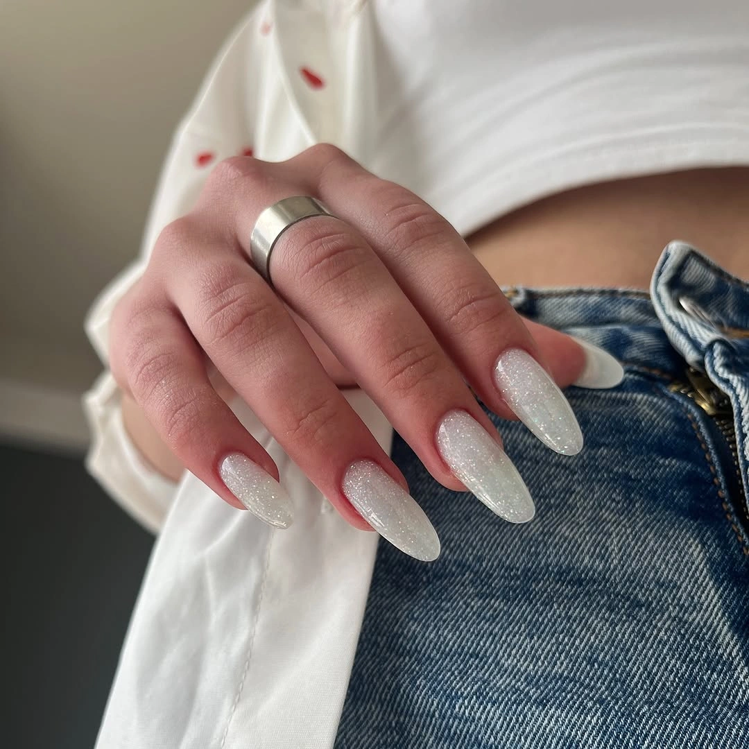 White almond nails with fine all over sparkle