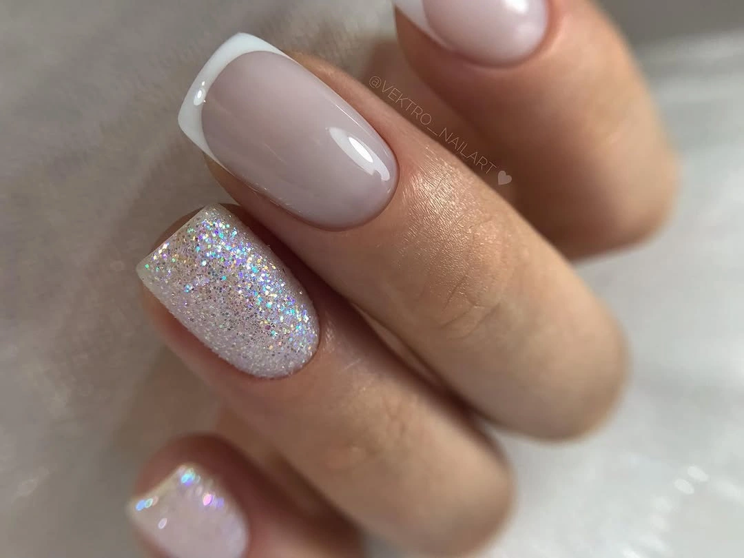 Square French nails with one full glitter accent