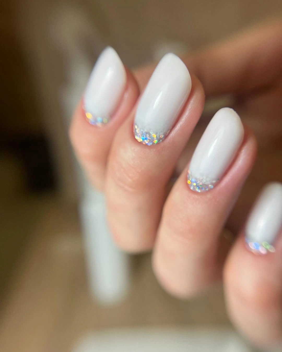 White almond nails with holographic glitter cuticle cuffs