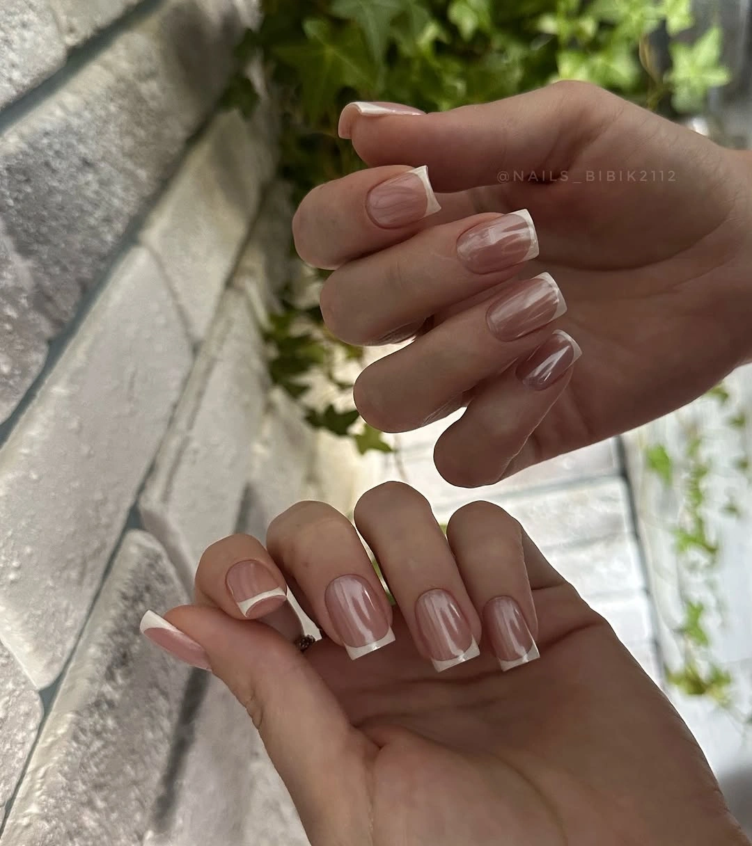 Short square French nails with sheer nude base