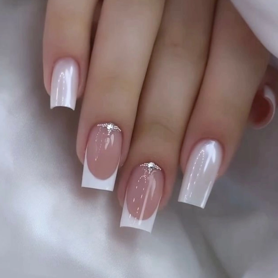 White square wedding nails with tiny cuticle sparkle