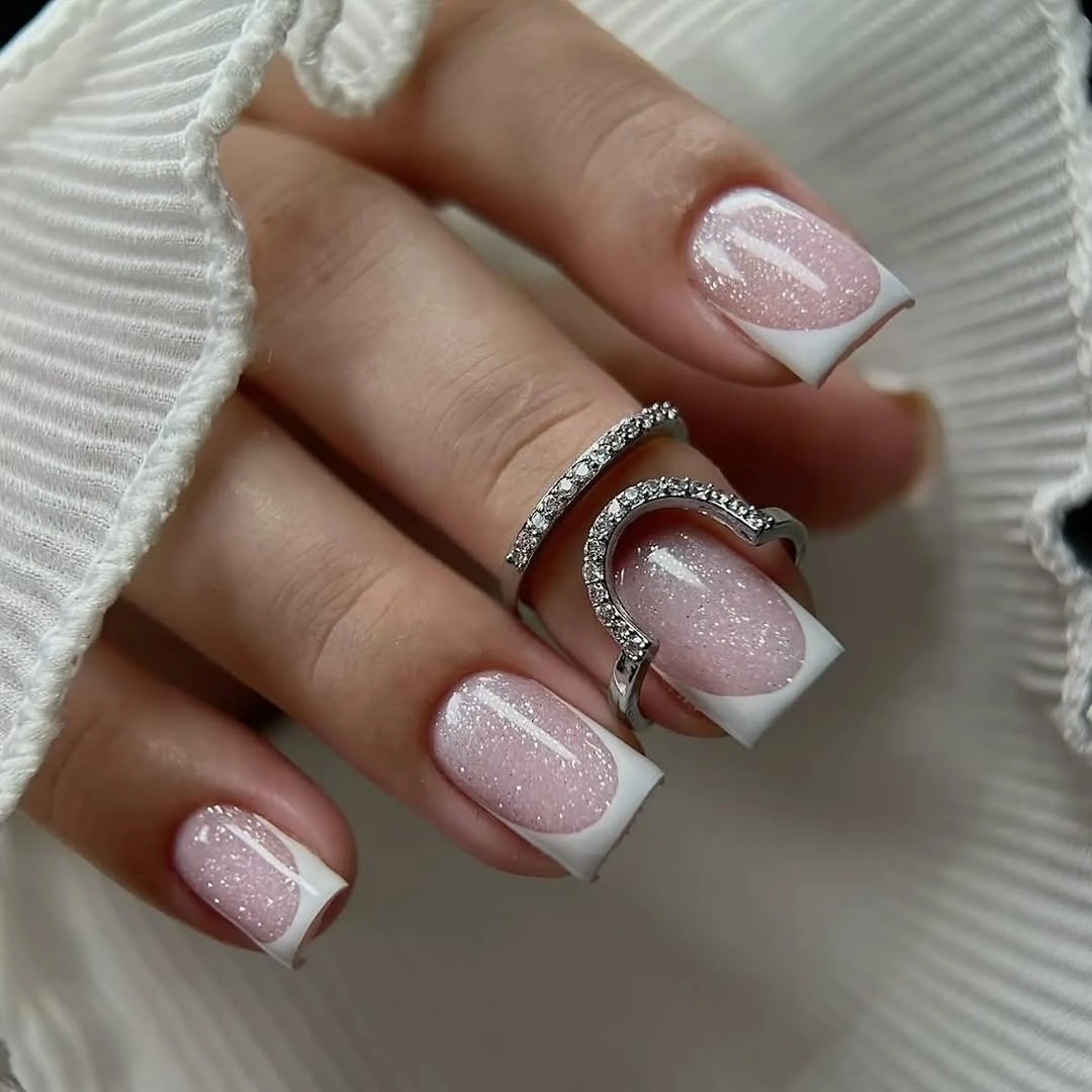 Pink glitter square French tips for wedding nails