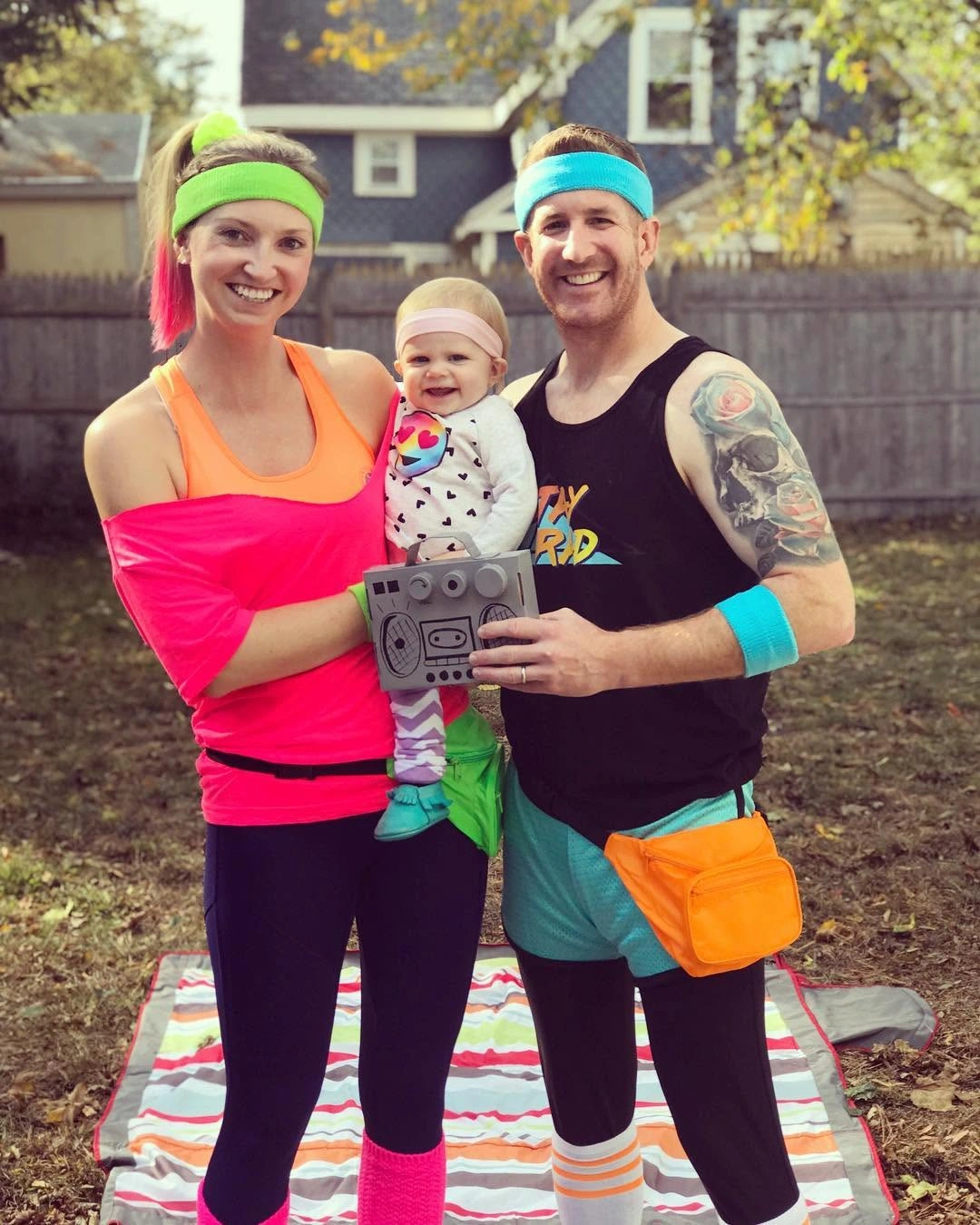Retro workout family costumes with neon colors headbands and leggings