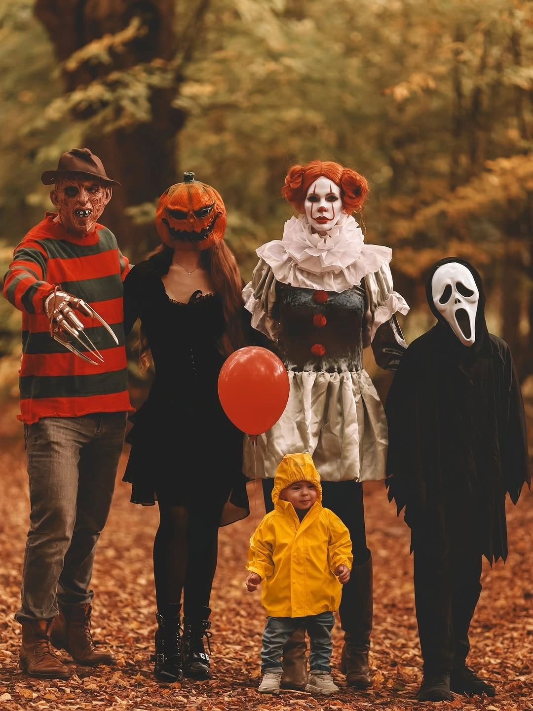Horror family costumes with a child in a bright yellow raincoat