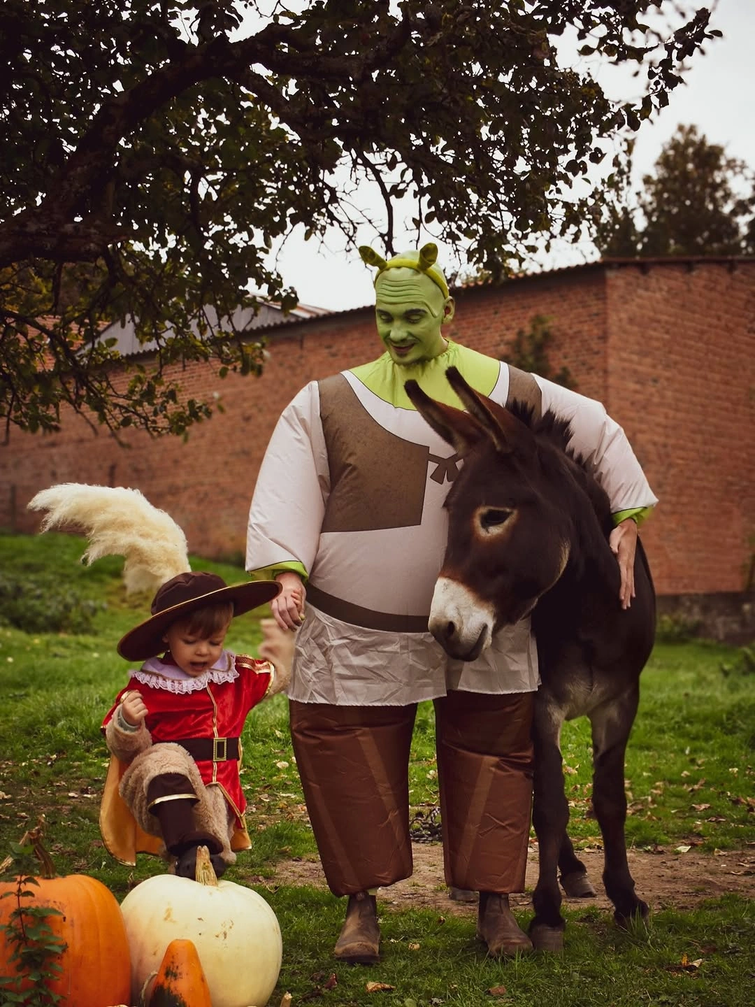 Green ogre costume paired with a small storybook companion outfit