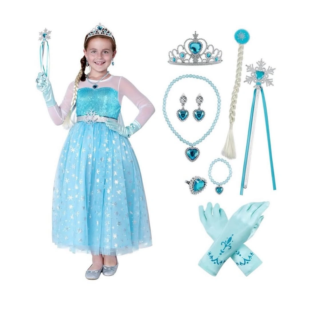 Ice blue princess costume with tiara gloves wand necklace and earrings