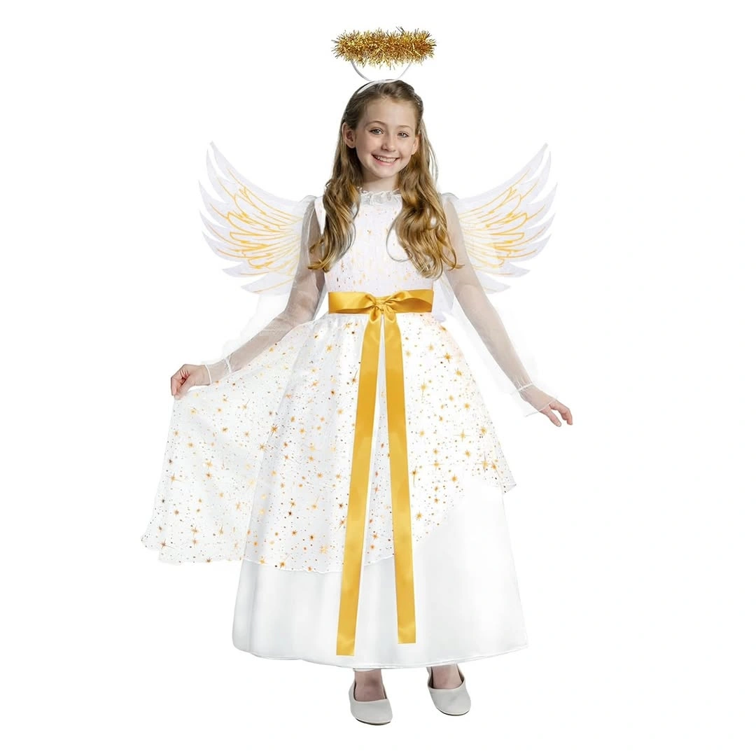 White angel costume with wings gold sash halo and white shoes