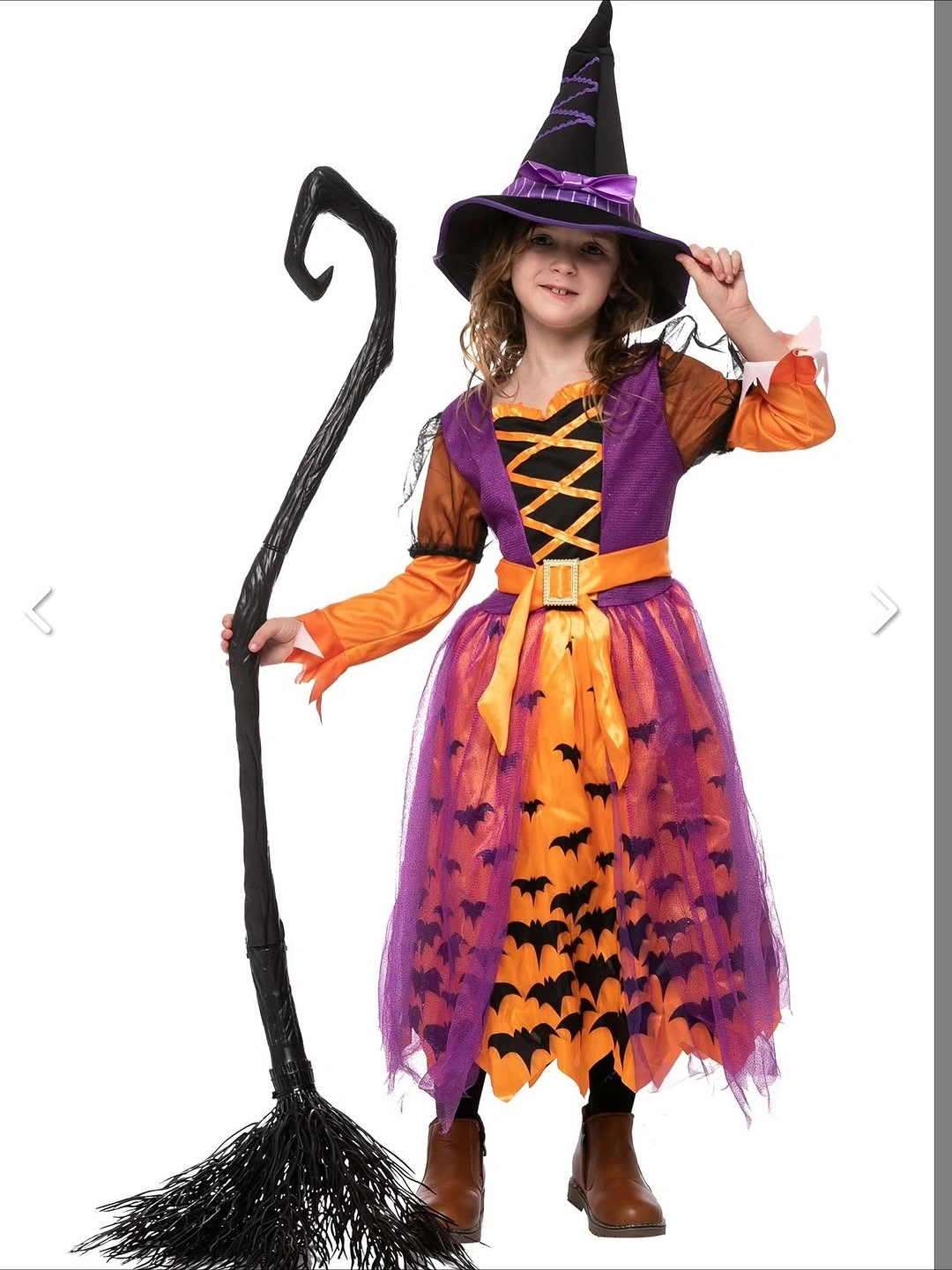 Purple and orange witch costume with bat tulle skirt hat broom and boots