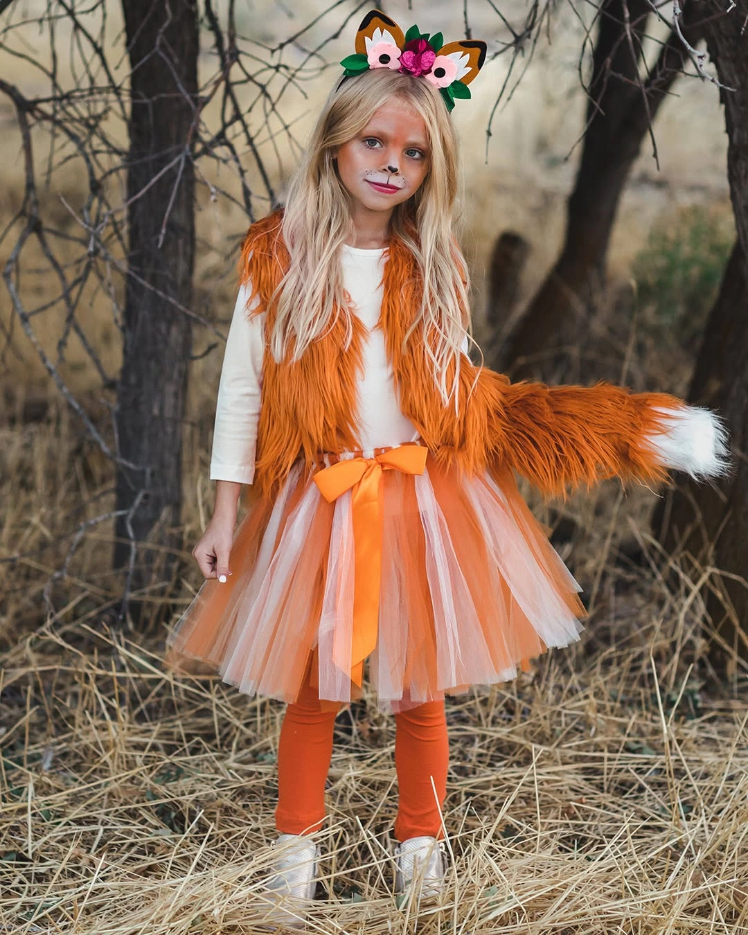Fox costume with orange furry vest tail tulle skirt tights and white shirt