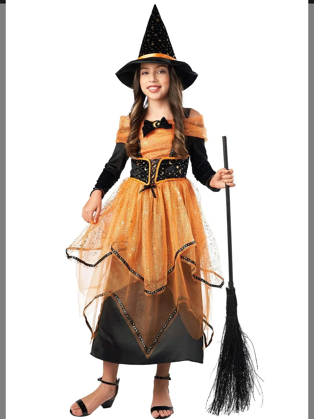 Orange and black witch costume with tulle skirt pointed hat and broom