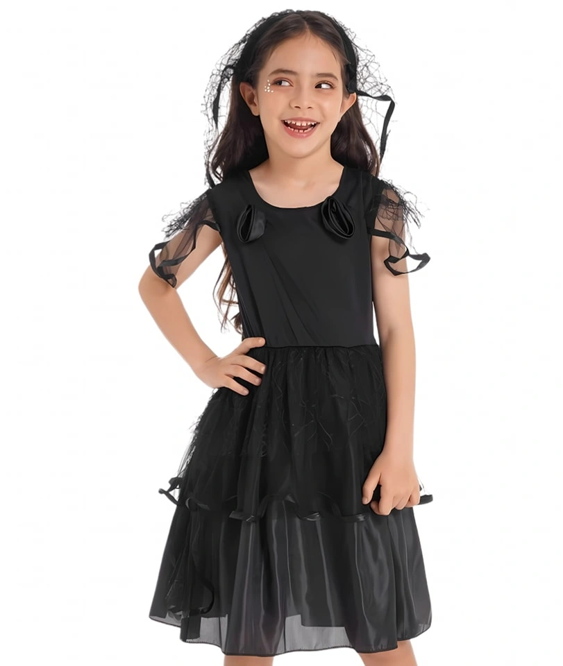 All black Halloween dress with sheer ruffle sleeves bows tulle skirt and flats
