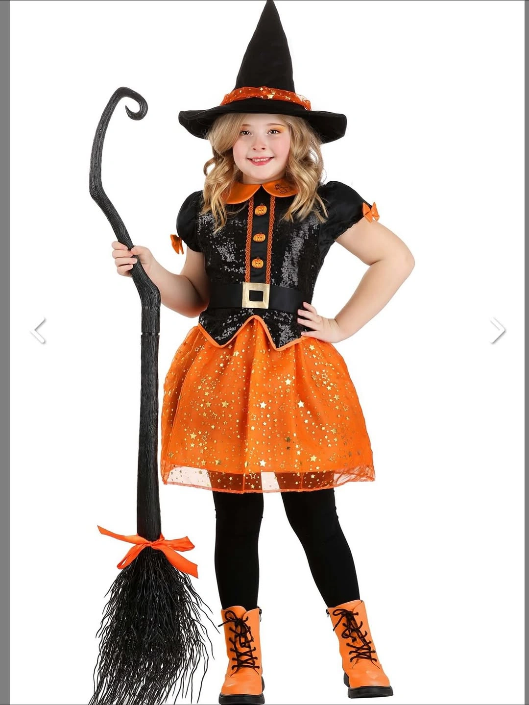 Orange and black witch costume with hat broom black leggings and orange boots