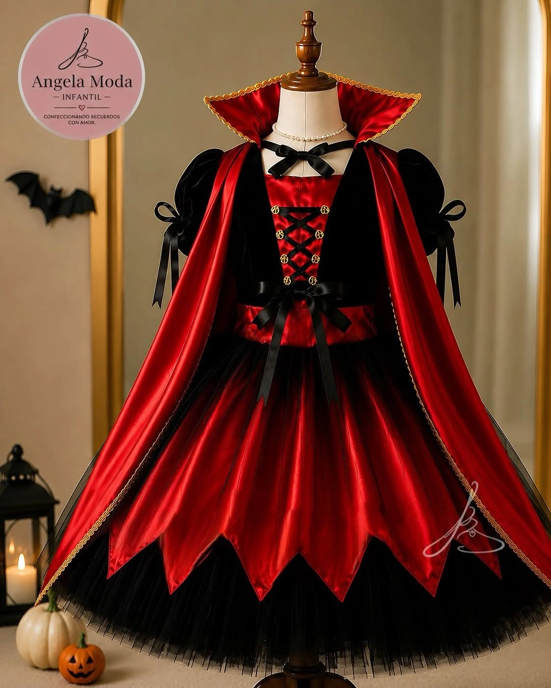 Red and black vampire costume dress with high collar and cape