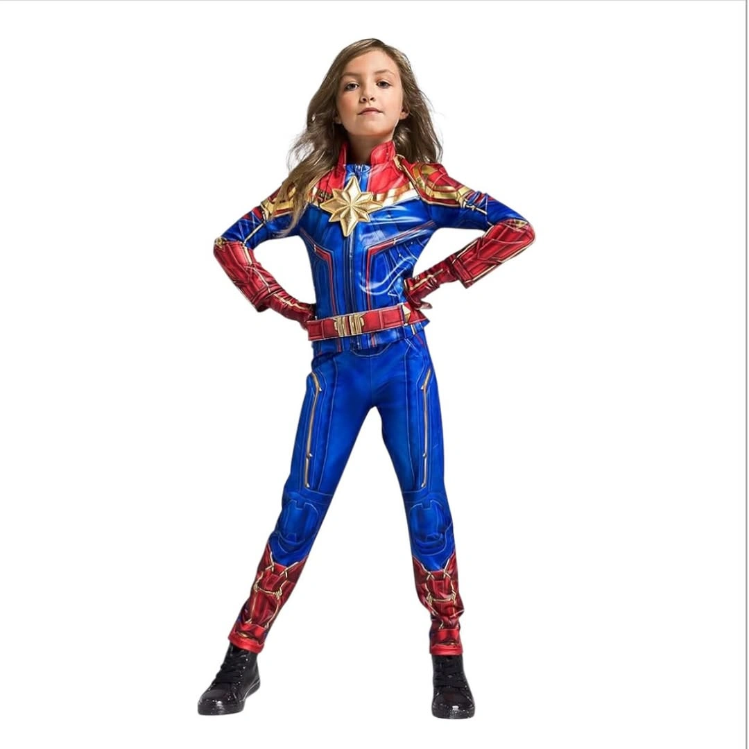 Blue superhero costume with red boots belt capelet and metallic chest emblem