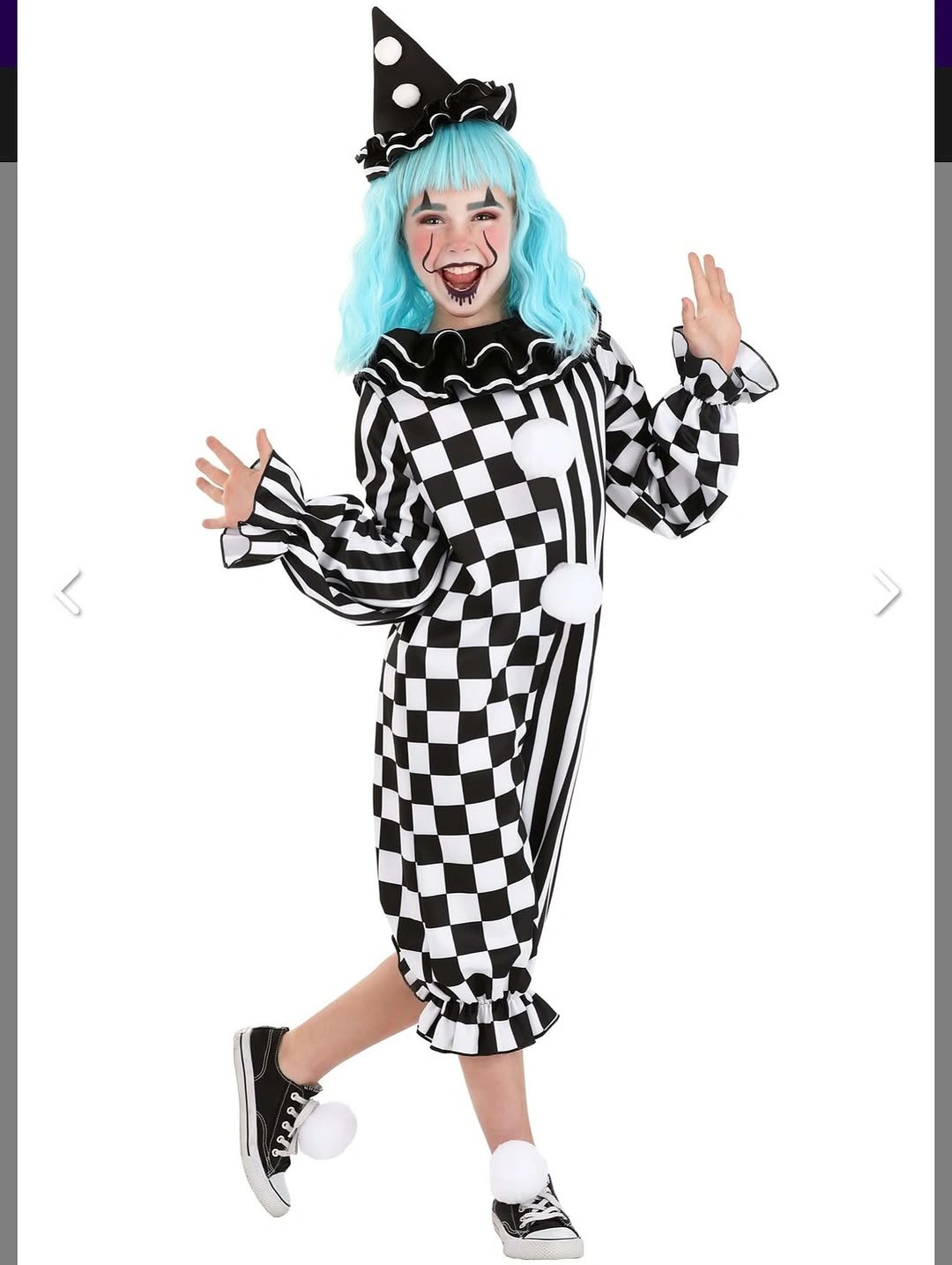 Girl in checkerboard clown jumpsuit black hat blue wig and sneakers