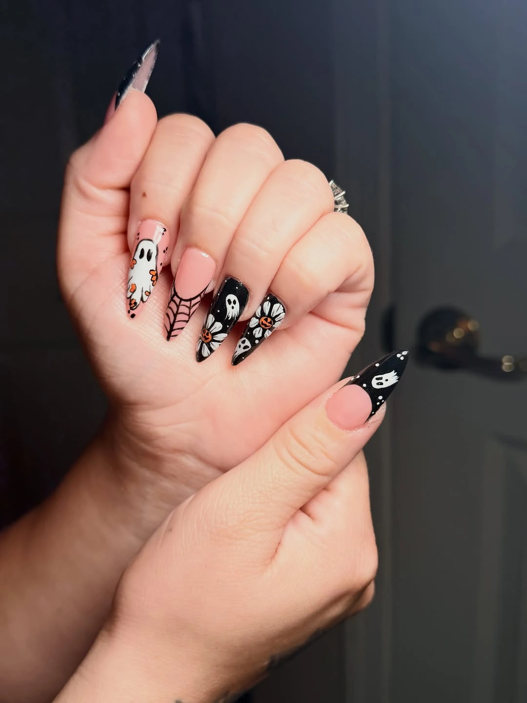 Long pointed black white pink nails with ghost and web details