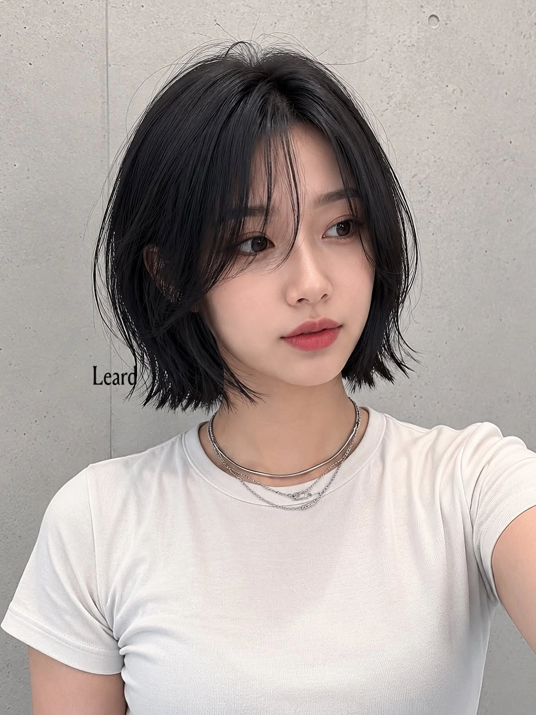 Short black center-parted bob with separated face-framing pieces