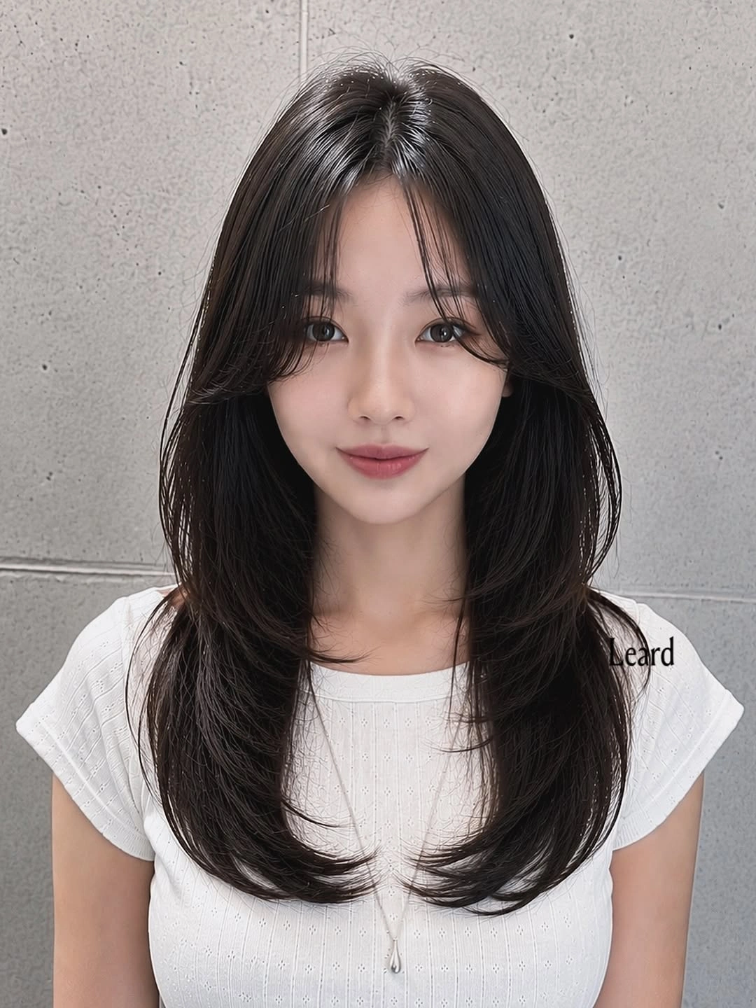 Long dark center-parted hair with layered face-framing waves