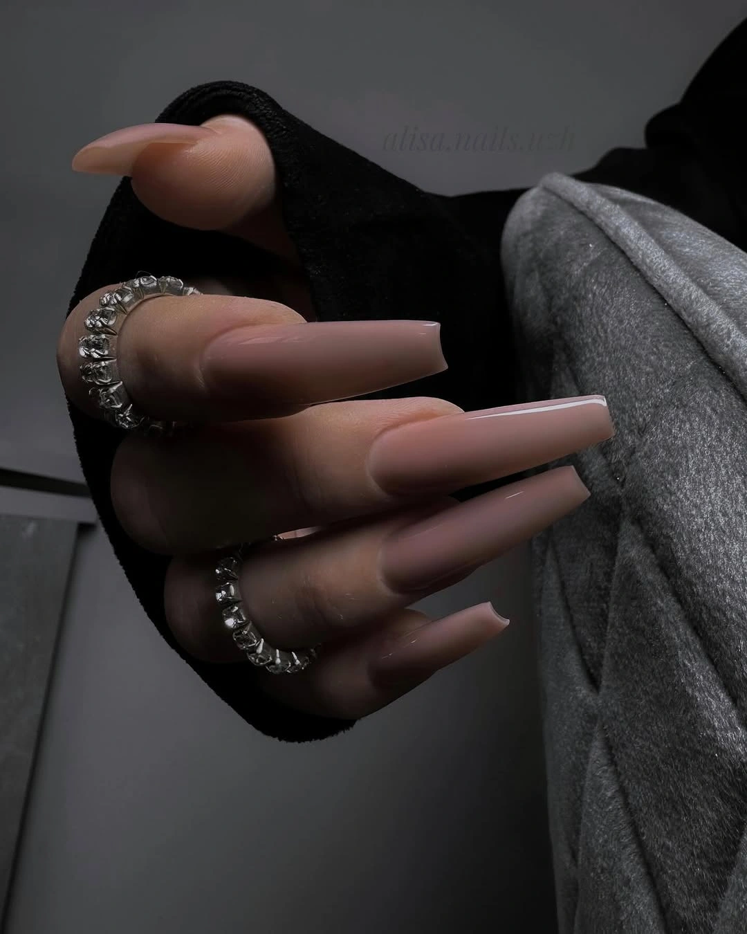 Very long sheer blush nude coffin nails