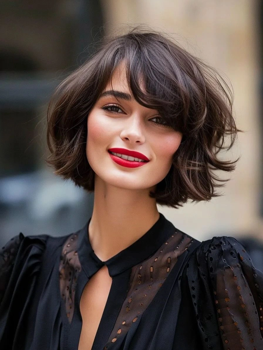 Short dark wavy bob with a full curtain fringe