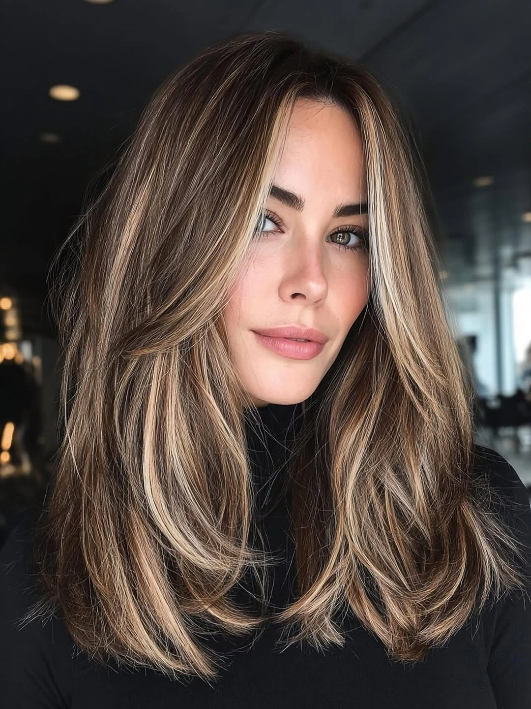 Long brunette waves with bright beige face framing ribbons