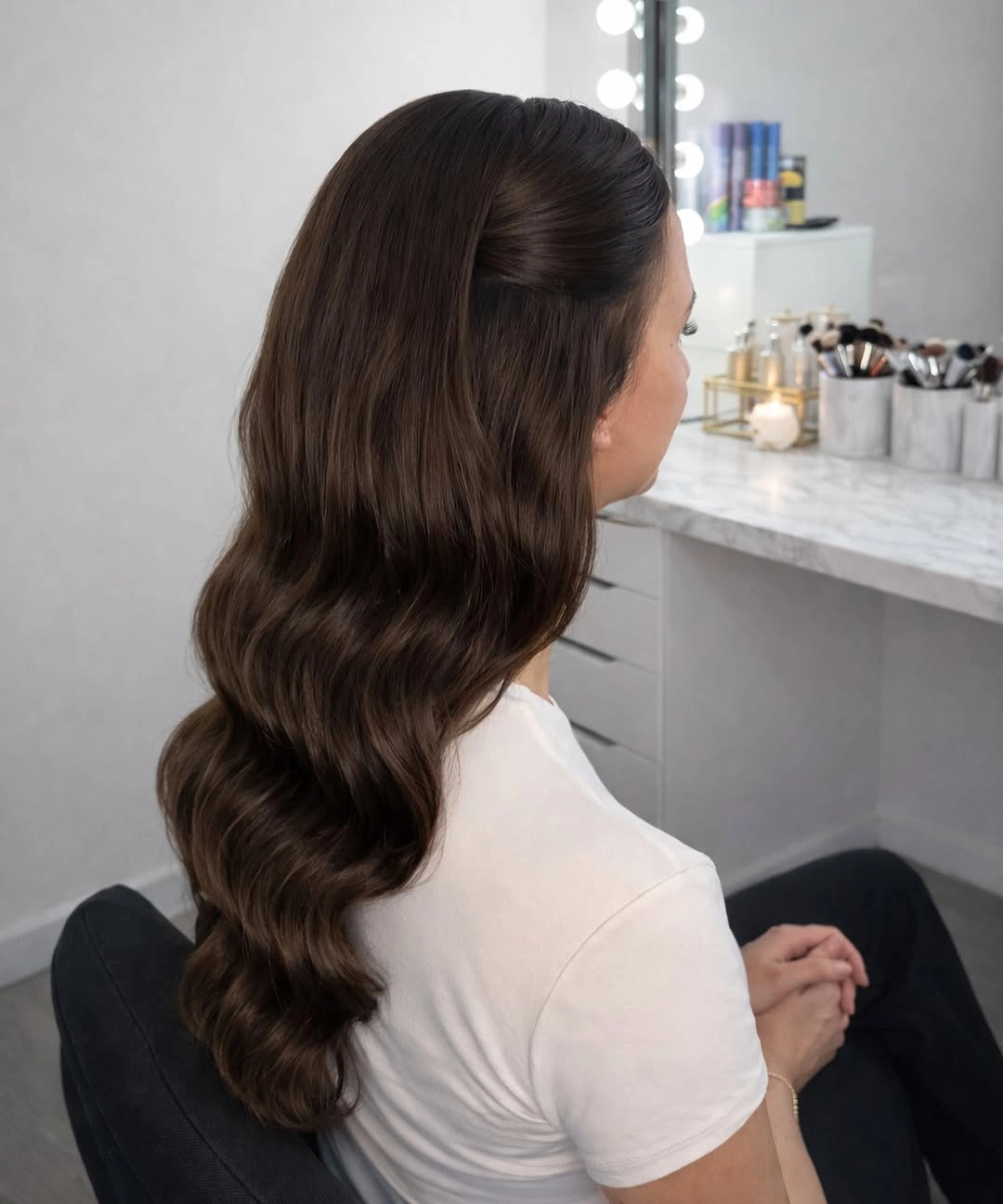 Deep brown long waves with a small half-up twist