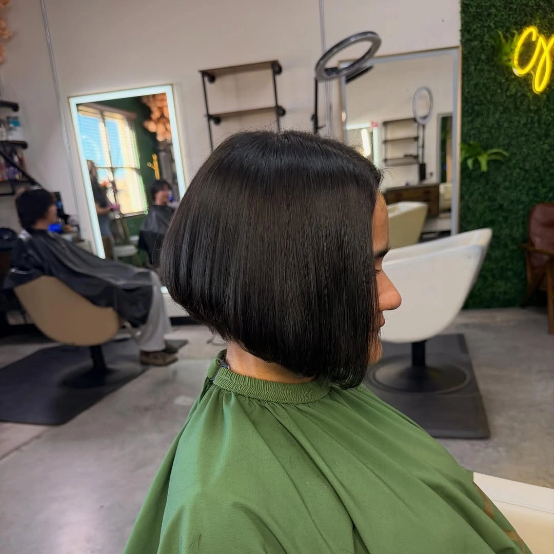 Black A-line bob with rounded back and longer front panel